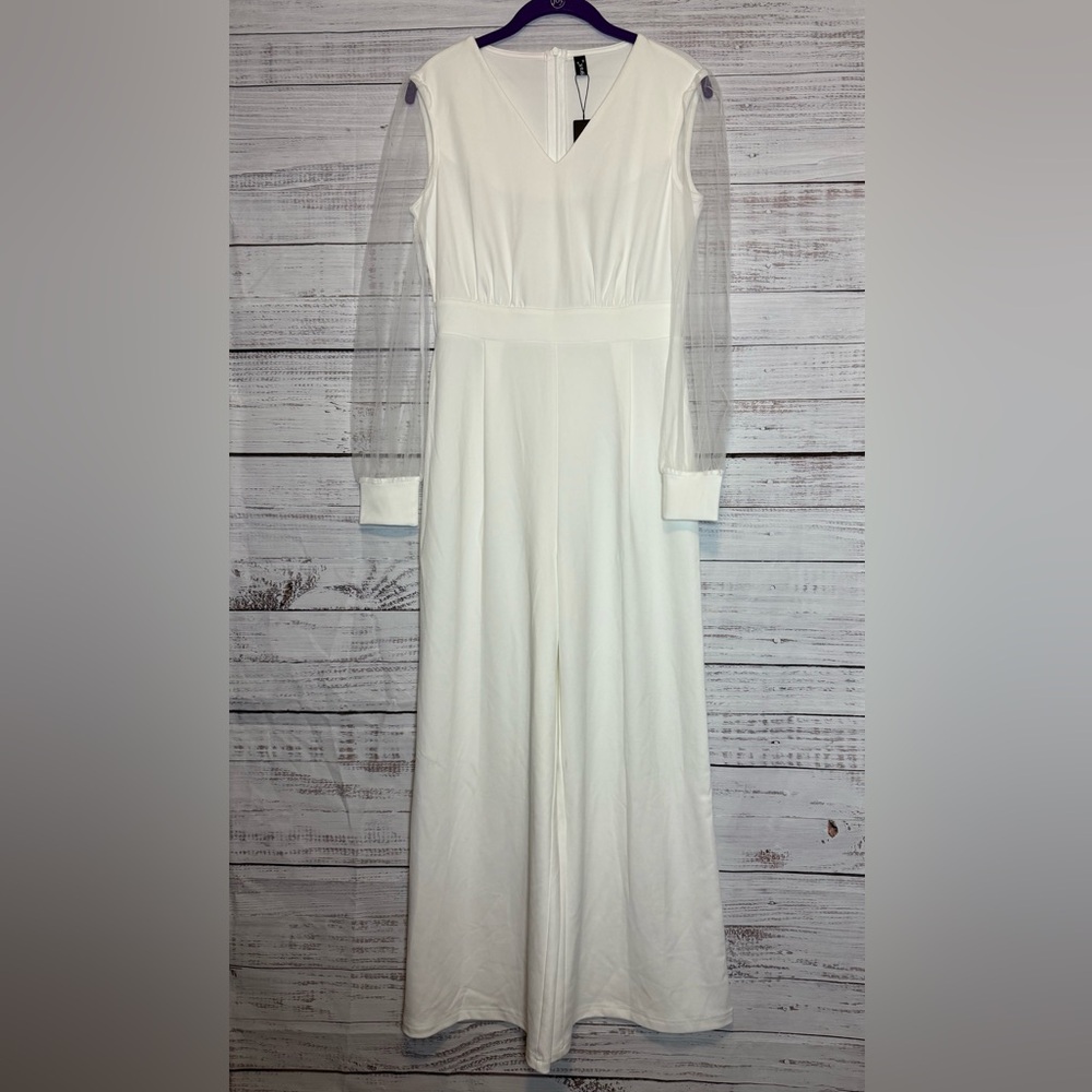 Allegra K White Jumpsuit with Sheer Sleeves (0235)